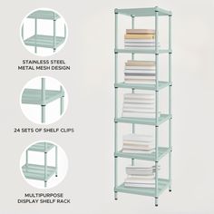 four shelves with different types of books on them and instructions for how to use them