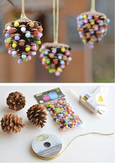 pinecone ornaments are hanging from the ceiling and decorated with beads, sprinkles, and glue