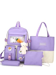 BagForLove-Buckle Decor Functional Backpack Set with Cartoon Bag Charm 4pcs - Women Bag Sets Large Capacity Purple Bag For Back To School, Back To School Large Capacity Purple Bag, Trendy Purple Shoulder Bag For Back To School, Casual Purple Shoulder Bag For Back To School, Casual Purple Shoulder Bag For Students, Purple Shoulder Bag For Daily Use, Back To School, Trendy Purple Bags For Back To School, Trendy Purple Back-to-school Bags, Casual Purple Bags For Back To School