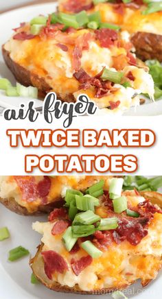 two baked potatoes with bacon, cheese and green onions on top are sitting on a white plate