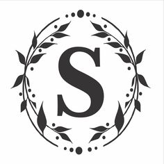 the letter s in a circle with leaves and dots around it, on a white background