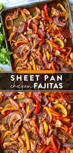 SHEET PAN CHICKEN FAJITAS Healthy Sheet Pan Chicken, Sheet Pan Chicken Fajitas, Easy Chicken Fajitas, Pan Chicken Fajitas, Sheet Pan Chicken, Mexican Dinner Recipes, Mexican Dinner, Fajita Recipe