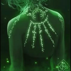 the back of a woman's body is lit up with green lights and stars