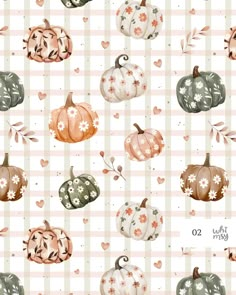 a pattern with pumpkins and flowers on a checkered tablecloth, in pastel colors