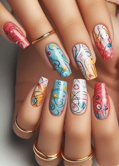 Ditch the Lines, Embrace the Squiggles: Scribble Art Nails Unleash your inner doodler with Scribble Art Nails! Forget neat lines and perfect patterns. Embrace the messy magic of squiggles, swirls, and playful lines in contrasting colors. It's like having a mini abstract artwork on each fingertip, proving imperfection can be oh-so chic. more in telegram Abstract Nail, September Nails, Abstract Nail Art, Gel Acrylic Nails, Scribble Art, Trendy Nail Art Designs, Pedicure Nail Art, Acrylic Nail Art, Art Nails