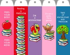 three bookmarks with cartoon books and an apple on top, reading is your body i'm a bookworm