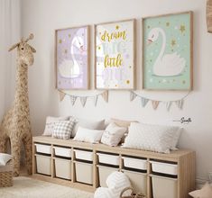 a child's room decorated in pink, white and beige with llamas on the wall