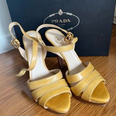 Good Condition, Wore Only A Handful Of Times! Leather Straps And Heel Still In Great Condition. Formal Yellow Sandals With Heel Strap, Yellow Closed Toe Sandals For Formal Occasions, Formal Yellow Closed Toe Sandals, Luxury Yellow Sandals For Formal Occasions, Yellow Heels With Buckle Closure For Formal Occasions, Designer Yellow Sandals For Formal Occasions, Designer Formal Yellow Sandals, Designer Yellow Sandals With Ankle Strap, Elegant Yellow Leather Sandals