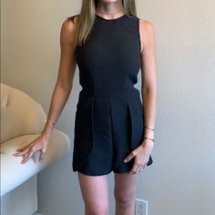 Black Romper With Design Fabric Sleek Black Jumpsuits And Rompers For Date Night, Elegant Black Jumpsuits And Rompers For Day Out, Sleek Black Jumpsuits And Rompers For Work, Aqua Pants, Capri Jumpsuit, Linen Overalls, Yellow Romper, Bell Sleeve Romper, Evening Jumpsuit