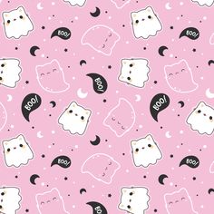 a pink wallpaper with black and white cat faces on it's face, which says boo