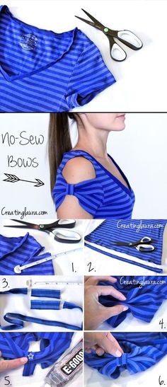 the instructions for making a blue dress with scissors and thread on it are shown in three different pictures