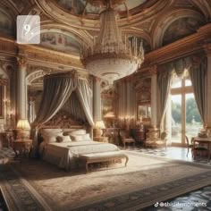 an ornate bedroom with chandelier, bed and large rug on the floor in front of windows