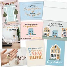 six greeting cards with houses, keys and congratulationss in different colors are shown on a white background