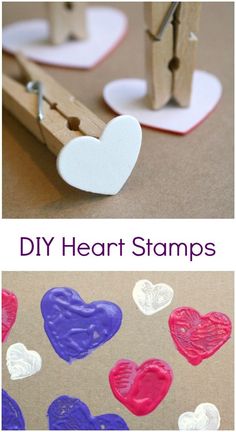 two pictures with hearts and clothes pins on them, one is made out of cardboard