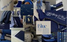 a collage of blue and white items