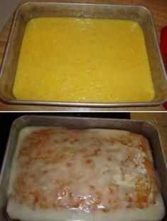 before and after pictures of an uncooked casserole in baking pans