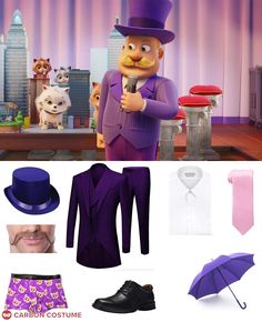 an animated character is dressed in purple and wearing a top hat, shirt, tie, shoes, and umbrella