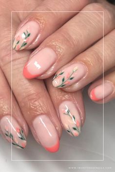 tulip nails designs Floral Nails French Tip, Nails Cute French Tip, Garden Inspired Nails, Tulip French Tip Nails, Pattern French Tip Nails, Floral French Tip, Floral French Tip Almond Nails, Elegant Easter Nails, Acrylic Nails With Tulips