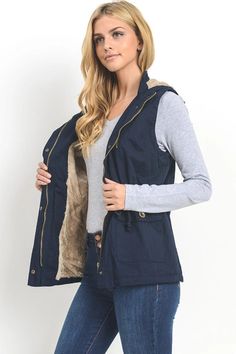 Faux fur lined hooded twill vest 100% cotton Lightweight Vest, Utility Vest, Hooded Vest, Top Graphic Tees, Dress Romper, Clothes Gift, Denim Vest, Vest Dress, Sweater Hoodie