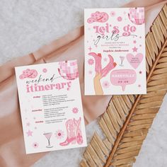 two pink and white wedding stationery items