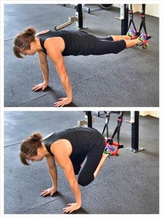 a woman doing push ups on a pull up bar