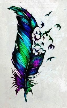 a drawing of a feather with birds flying around it