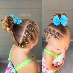 803 Likes, 13 Comments - Cami 🎀 Toddler Hair Ideas (@toddlerhairideas) on Instagram: “Diagonal side criss-cross ponies, a mini braid, and a high side messy bun!  #toddlerhair…” Side Messy Bun, Mini Ponies, Sweethearts Hair Design, Braid Bun, Girl Hair Dos, Lil Girl Hairstyles, Bella Hair