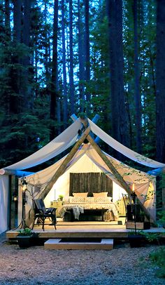 a tent is set up in the middle of a forest with lights shining on it