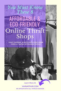 an advertisement for the online thrift shop with hats and clothing hanging on clothes racks