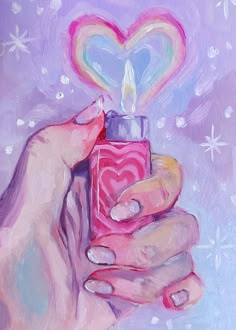 a painting of two hands holding a pink bottle with a heart shaped candle in it