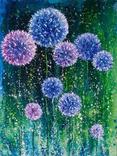 watercolor painting of purple flowers on green background with blue and white paint splatters