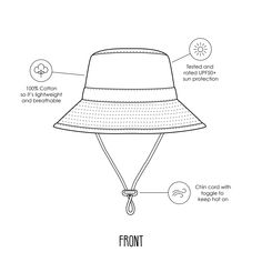 One of our Best Sellers. The Chestnut bucket hat has a frayed edge on the brim and a contrast natural colour. Elasticated toggle around the head for the perfect fit. Cord and toggle under the chin to keep the hat in place. Wide brim (Measures for each size S: 5.5cm, M: 6cm, L: 7cm, XL: 7.5cm). Material: 100% Cotton Twill outer and 100% cotton lining. Rated UPF50+ sun protection. Bucket Hat Technical Drawing, How To Draw A Bucket Hat, Hat Technical Drawing, Bucket Hat Drawing Reference, Bucket Hat Sketch, Bucket Hat Tattoo, Bucket Hat Illustration, Bucket Hat Drawing, Kids Sun Hats