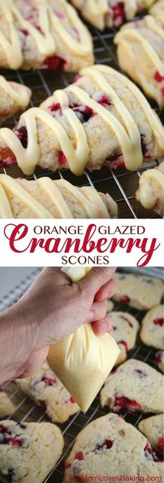 orange glazed cranberry scones are cooling on a rack and being drizzled with icing