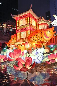 lanterns are lit up in the shape of fish and lotuses on display at night