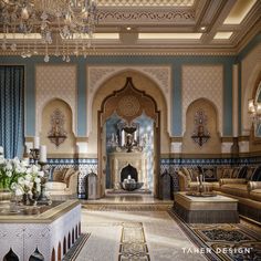 an ornately decorated living room with chandelier and couches