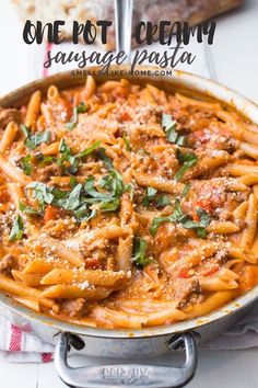 one pot creamy sausage pasta in a skillet