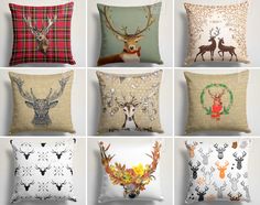 six different pillows with deer heads on them