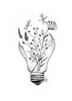 a drawing of a light bulb filled with flowers and plants on top of each other