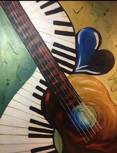 an abstract painting of a guitar and piano keys