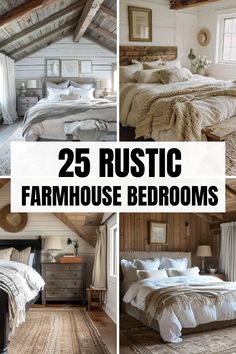 rustic farmhouse bedroom decor with white bedding and pillows on the floor, wooden walls and ceiling