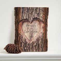 a pine cone sitting on top of a mantle next to a heart carved into the bark of a tree