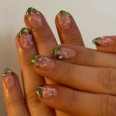 Chrome Tips, Chrome French, Hand Painted Nails, Nails Yellow, Nails Gel Nails, Custom Press On Nails, London Nails, Green Chrome, Painted Nails