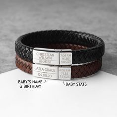 "This leather bracelet is engraved with Kid's name and birthday on the bigger charm and kid's stats on the smaller charms. This is the perfect gift for Dad on Father's day, at Christmas or a special day. P R O D U C T ∙ I N F O * Materials: 2 stainless steel magnetic clasps & PU leather cord. * Clasps size are approx 15/16'' x 3/8'' and 3/8'' x 3/8'' * Word limits: 5-7 words for long side / 2-3 words for short side * Sizing: We have three sizes: Size S: wrist size (5 1/2 - 6 1/3 inches; 14-1 Engraved Leather Bracelets, Dad Bracelet, First Time Dad Gifts, Baby Stats, First Time Dad, Personalized Leather Bracelet, Personalized Bracelet, Mens Anniversary Gifts, Christmas Gift For Dad