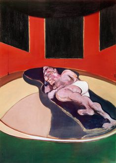 a painting of a man laying down in a bathtub with his head on the edge