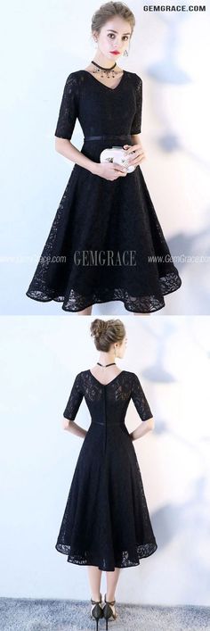 10% off now|Free shipping world-wide. Modest Tea Length Black Lace Homecoming Dress Vneck With Sleeves at GemGrace. Click to learn our pro custom-made service for wedding dress, formal dress. View #HomecomingDresses for more ideas. Black V-neck Lace Patchwork Dress, Black Fitted V-neck Lace Dress, Black Fitted Lace Dress With V-neck, Black Lace Dresses, Tea Length Homecoming Dresses, Formal Dresses Short Tight, Trendy Dress Styles, High Low Dress Formal, Bridesmaid Dresses With Sleeves