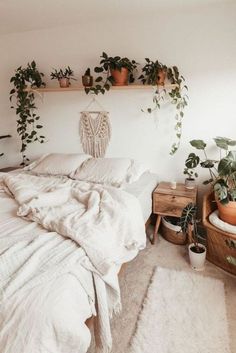 an unmade bed with plants on the wall above it