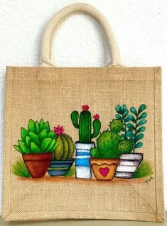 a jute bag with potted plants painted on it