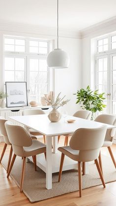 a white dining room table surrounded by beige chairs