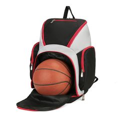 a backpack with a basketball inside it and a back pack on the bottom that has a basketball in it