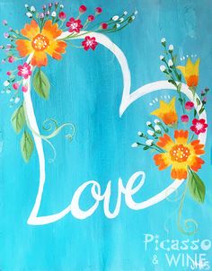 a blue background with flowers and the word love painted on it